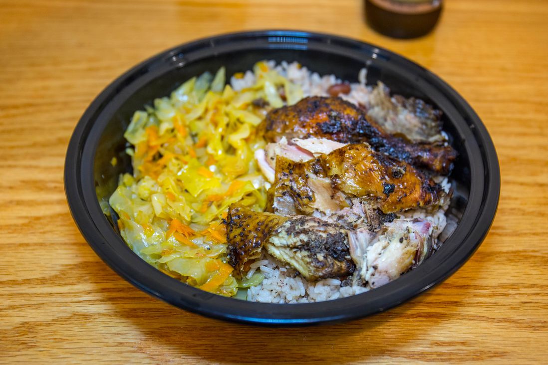 Small Jerk Chicken plate with Cabbage and Rice n Peas ($9)<br/>